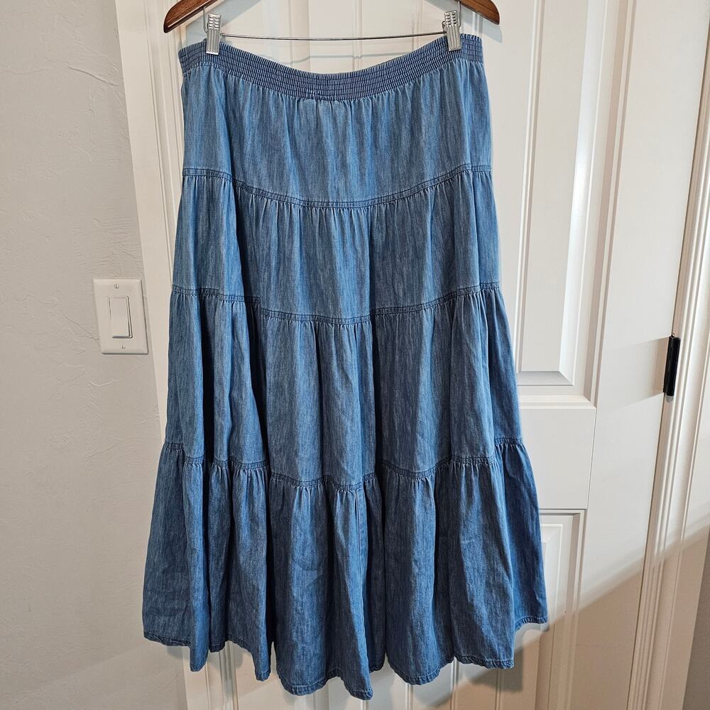 Vintage 90s Denim Maxi Skirt Womens Large Blue Tiered Cottage Western Full Boho - Picture 3 of 8